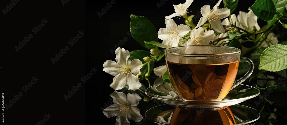 Canvas Prints A cup of jasmine tea and fresh jasmine blooms against a black backdrop with available copy space image