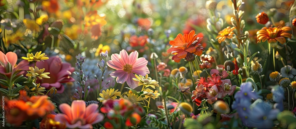 Fototapete A vibrant garden filled with various summer flowers creating a scenic background with a focus on a single flower in a close up view in the center perfect as a copy space image