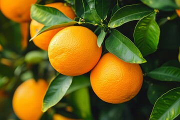 fresh orange fruits with leaves as background, top view. Close-up orange fruit in orange farming. Fresh orange fruit on tree at orchard. Generative Ai