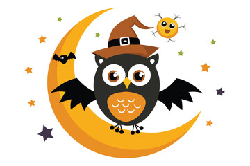 Halloween owl wearing a Halloween cap sits on an orange half moon T.eps