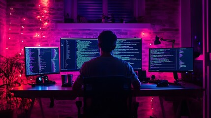 Programmer Reviewing Code on Multiple Screens