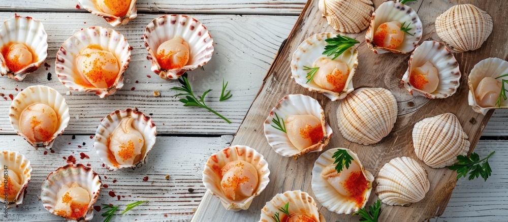 Aufkleber Scallops arranged on a wooden surface with a white backdrop seen from above offering a clear space for text or additional elements in the image