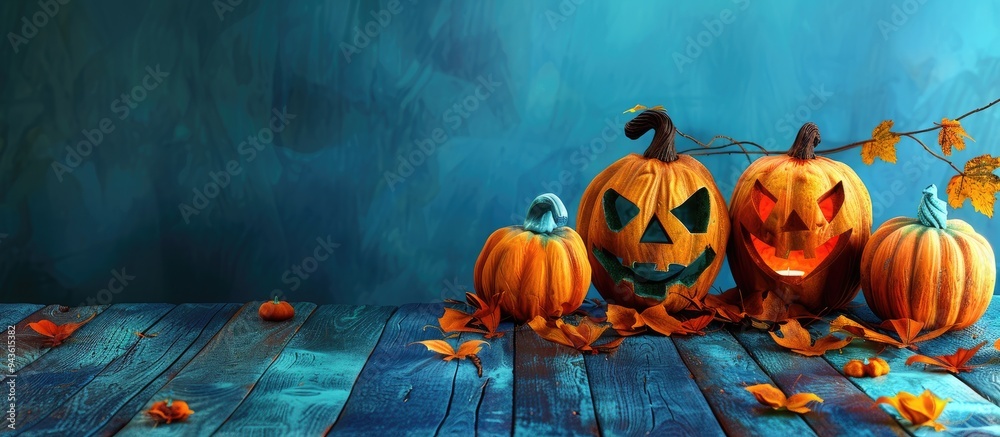 Poster halloween theme with pumpkins in orange and black colors placed on a table with a blue backdrop feat