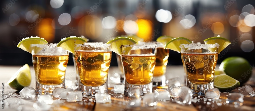 Poster Detailed close up of tequila shots in a studio setting with a clear area for additional text or images