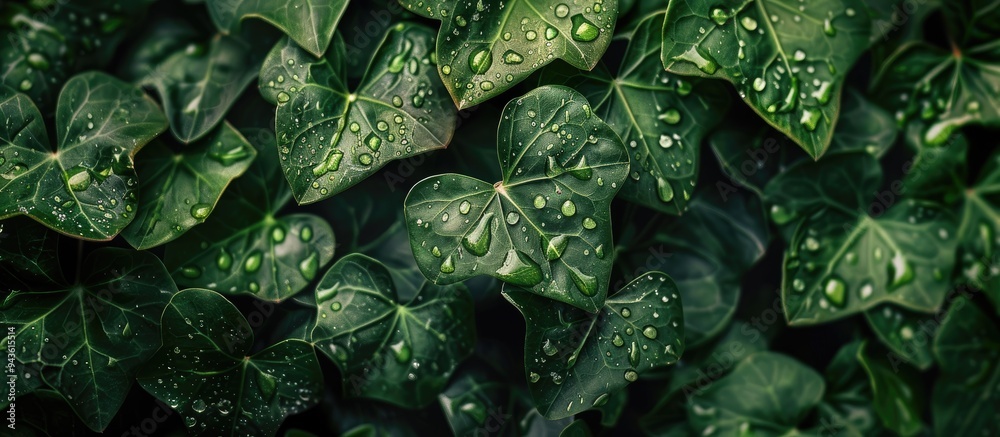 Aufkleber close up macro shot of rain kissed ivy leaves serving as a nature background for design with a fresh
