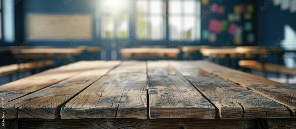 Poster wooden table with a blurred school classroom background creates copy space for product placement ami