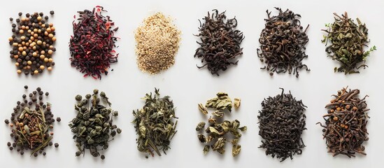 A diverse selection of loose leaf teas photographed from above emphasizing an empty space for text or graphics in the image. Creative banner. Copyspace image