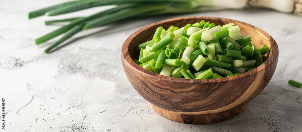Poster a wooden bowl holds chopped spring onions on a white table providing ample copy space in the image