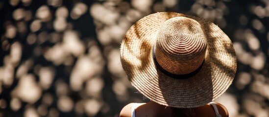 Image of a straw hat placed on a woman s head in sunlight casting shadows creating an enjoyable repetitive design ideal for use as a copy space image