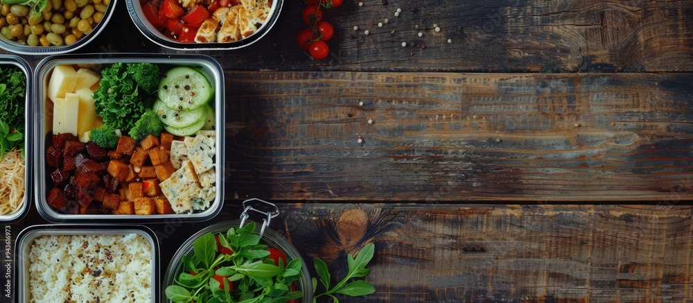 Poster Wooden table with various container sized portions of a healthy meal displayed for a copy space image