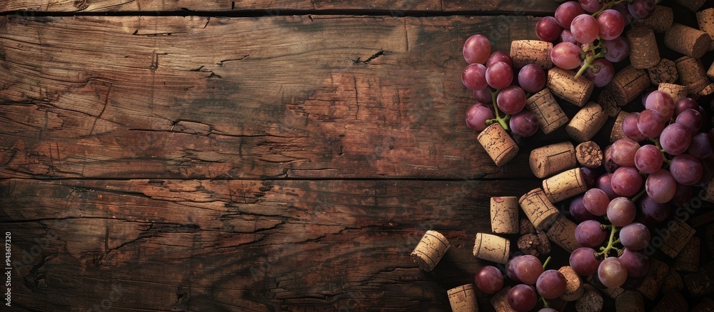 Poster top view of wine corks arranged like grapes on a wooden table with available copy space image