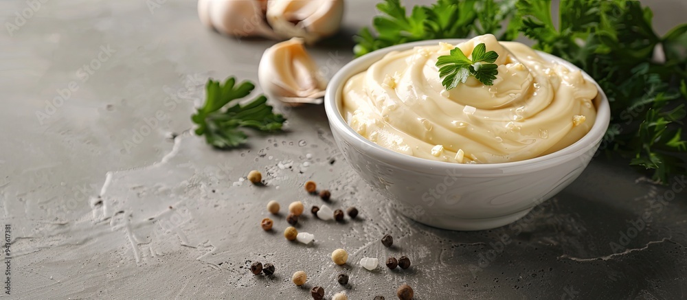 Poster fresh mayonnaise in a bowl on a grey background with copy space image