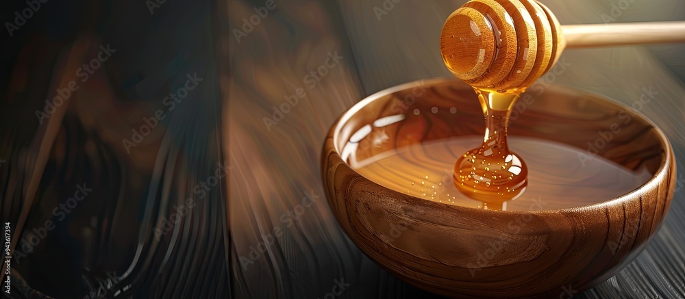 Aufkleber sweet organic honey in a bowl with a wooden honey dipper creating an enticing copy space image for a