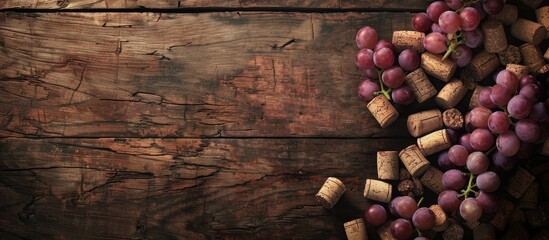 Top view of wine corks arranged like grapes on a wooden table with available copy space image