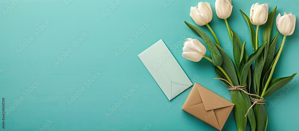 Poster Gift box and white tulips over a turquoise background with an envelope containing a blank card for a copy space image