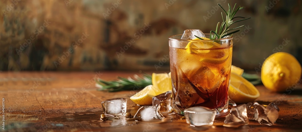 Poster fresh and refreshing iced tea or cocktail adorned with ice rosemary sprigs and lemon slices resting 