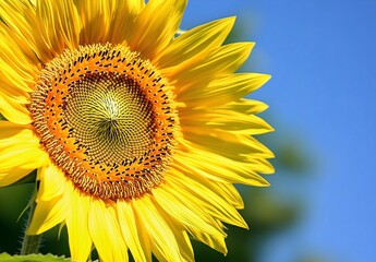 Fototapeta premium Close-Up of Sunflower with Blue Sky Background, Macro Photography of Vibrant Yellow Petals and Blurry Edges.
