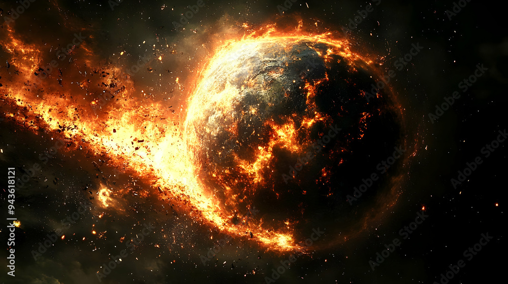 Wall mural a fiery planet erupts in a cosmic explosion, with debris scattered across a dark space.