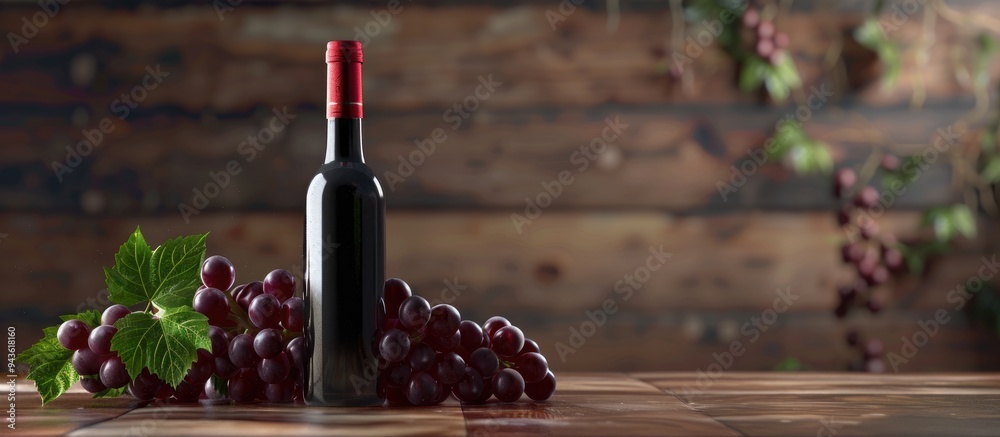 Poster red wine bottle next to grapes on a wooden surface with copy space image available
