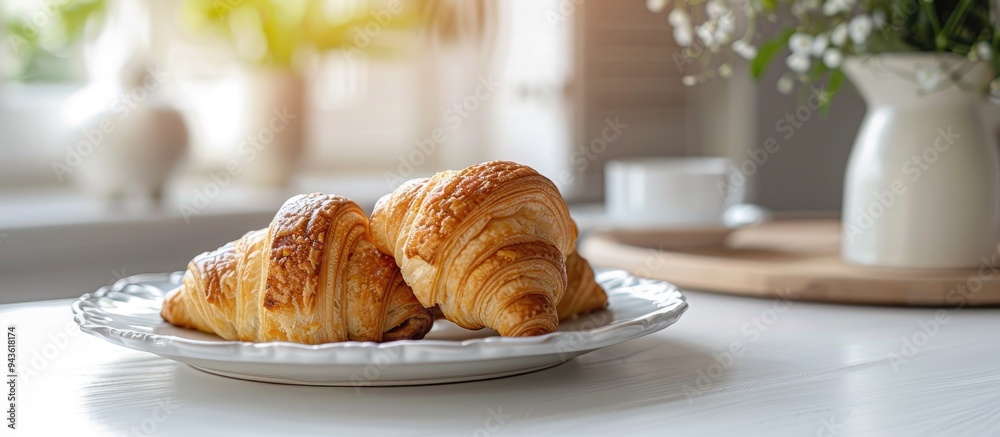 Poster croissant pastry displayed on a white table in a bright and inviting setting ideal for recipes artic