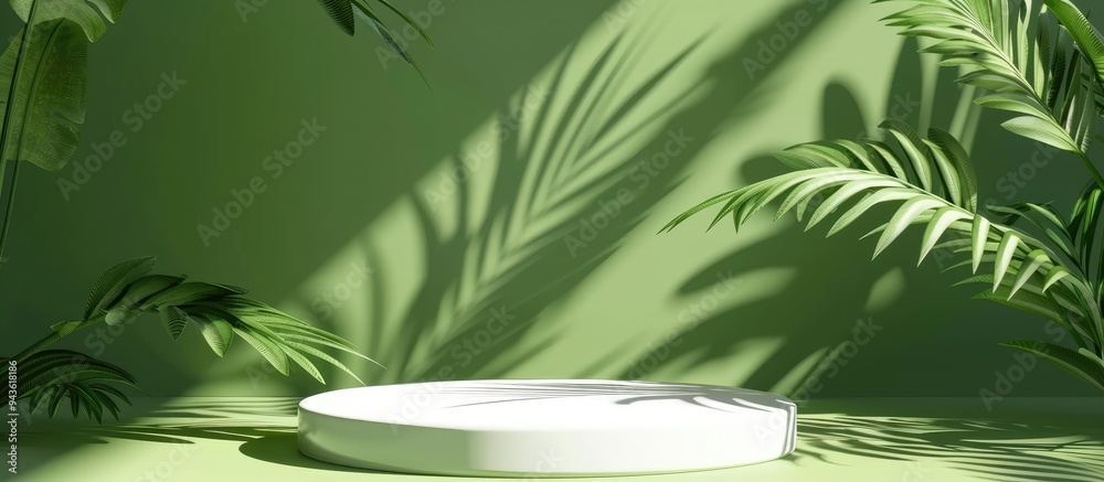 Leinwandbilder geometric green backdrop with palm leaf shadows showcasing a white round podium for product presenta