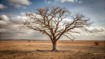 A lone, weathered tree in a desolate, arid landscape