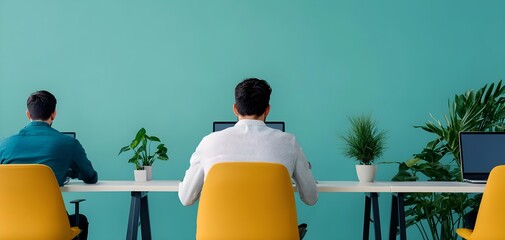Two professionals working on computers in a modern office with green walls and plants, promoting collaboration and productivity.