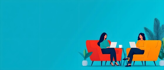 Two women collaborating in a vibrant workspace, surrounded by plants, showcasing teamwork and creativity in a modern environment.