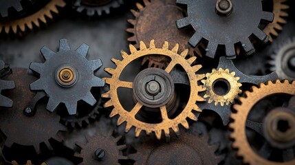 A close-up view of interlocking gears showcasing intricate details and textures in metal, highlighting the beauty of machinery.
