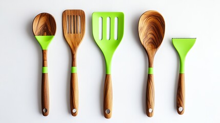 Set of wooden cooking utensils with modern bright green handles: spatula, serving spoon, ladle, and slotted spoon. 
