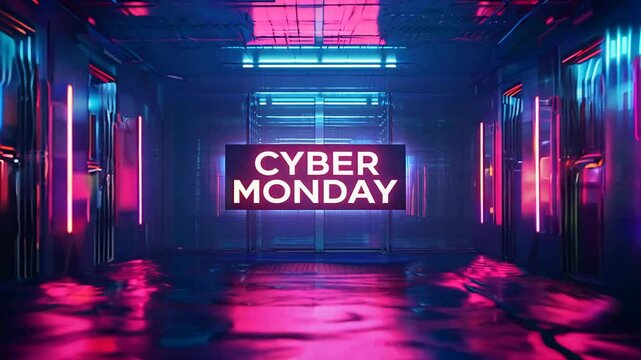Vibrant neon cyber monday sign glows in a dim hallway, surrounded by blue and pink lights, hinting at online shopping deals and discounts