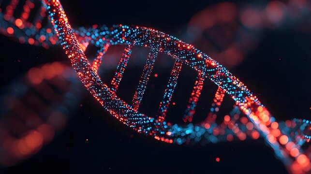 Vibrant representation of DNA strands with glowing particles, showcasing the complexity and beauty of genetic material.
