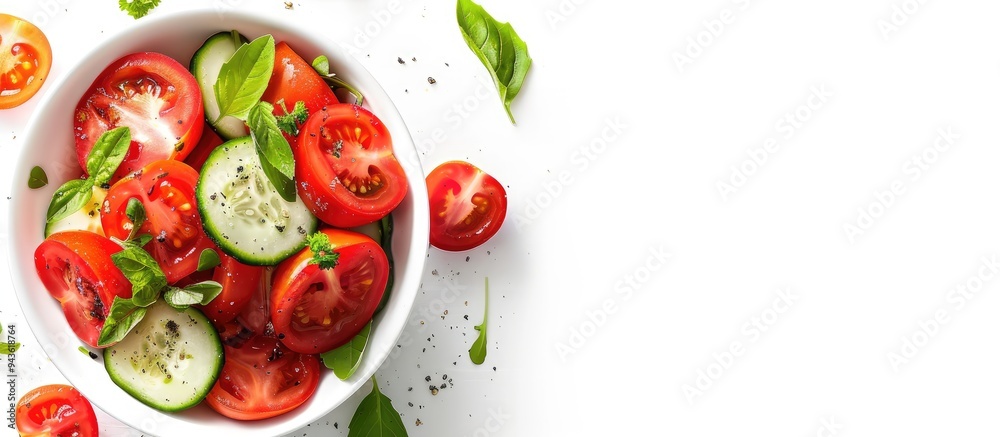 Wall mural fresh vegetable salad with tomato and cucumber in a bowl on white backdrop with copy space image