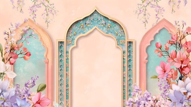 Ornate Floral Wall Arch with Vibrant Pink,Purple and Blue Petals and Decorative Patterns