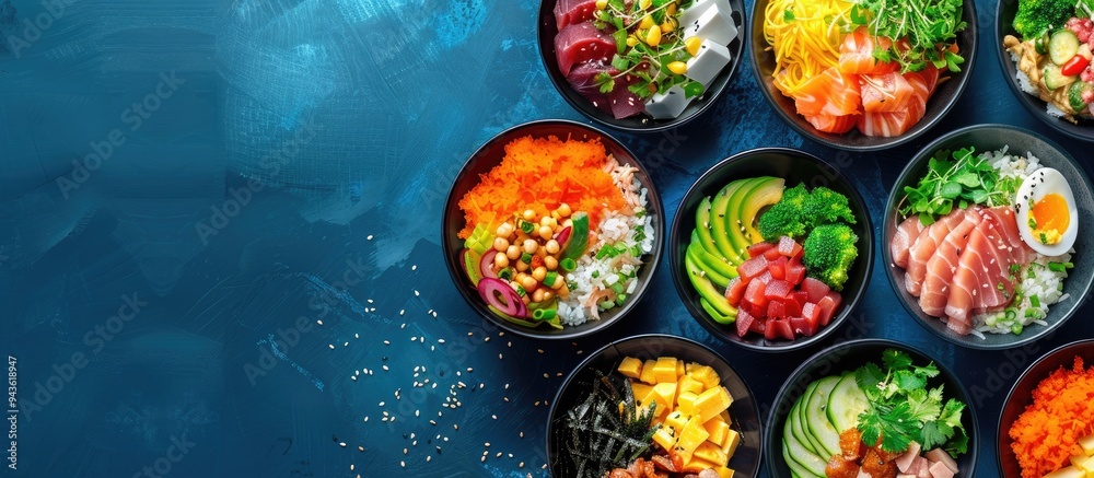 Poster Various poke bowl varieties showcased in a top view image with a blue background with plenty of copy space for additional text or graphics