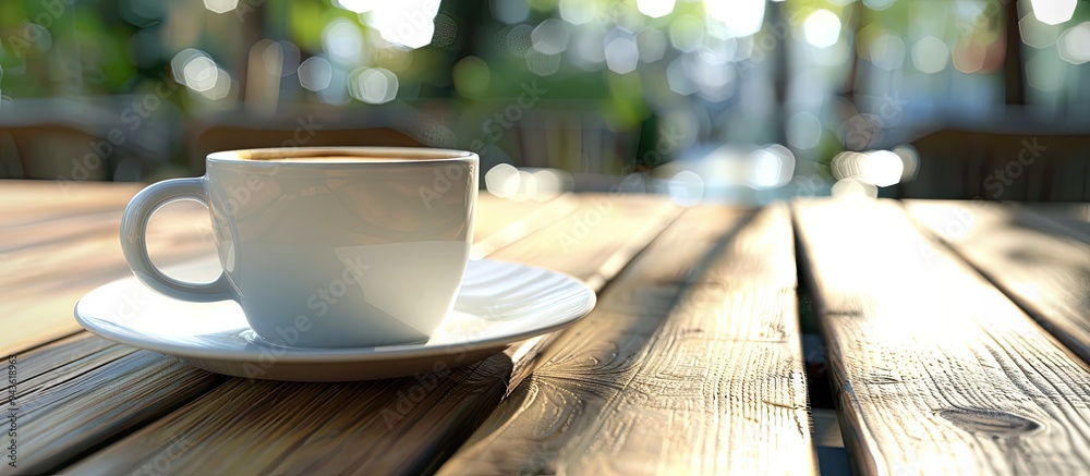 Sticker coffee cup on a cafe table with copy space image