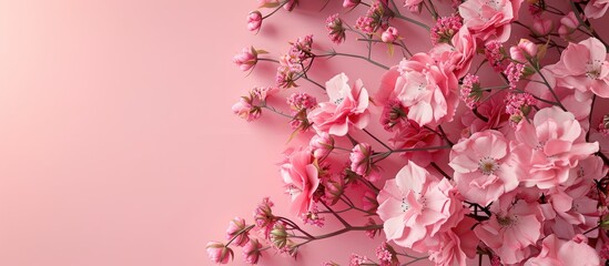 Pink shrub rose Pierre de Ronsard bouquet on pink backdrop with copy space image