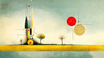 Surreal Architectural Landscape with Geometric Shapes and Vibrant Colors