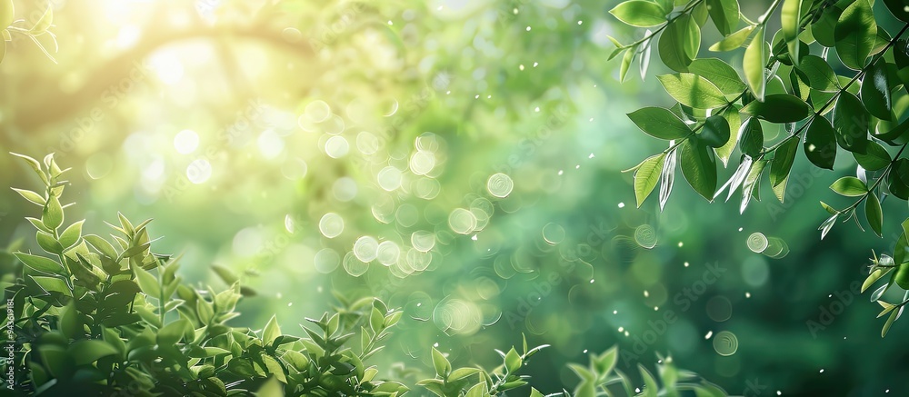 Wall mural blurry foliage background on a sunny day with bokeh effects providing a copy space image
