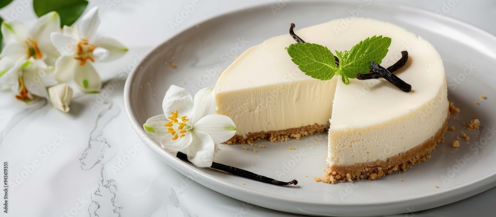 Poster vanilla cheesecake with a vanilla flower on a white background new york style dessert pie with a sid