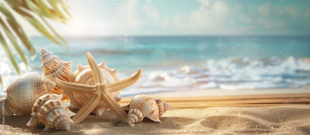 Poster A summer themed setting with seashells or starfish on a table providing a backdrop for text in a copy space image