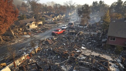 A once peaceful neighborhood now in chaos, homes shattered and debris scattered, trees uprooted and leaning ominously, gray skies loom overhead