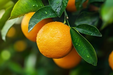 fresh orange fruits with leaves as background, top view. Close-up orange fruit in orange farming. Fresh orange fruit on tree at orchard. Generative Ai