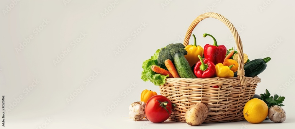 Poster basket filled with a variety of fresh vegetables creating a vibrant display against a white backgrou