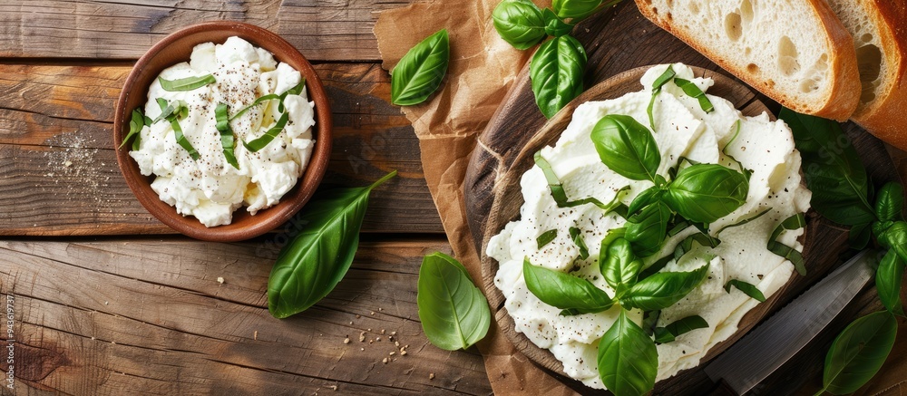 Fototapete Top down view of a wooden table set with fresh ricotta basil bread and a knife The arrangement allows for adding text within the copy space image