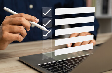 Business performance monitoring and evaluation concept, Take an assessment, Business man using...