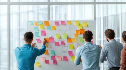 Team collaborating on ideas with colorful sticky notes in a modern office setting, emphasizing creativity and organization.