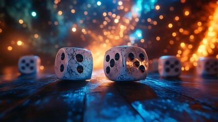 Dice on Wooden Table with Glowing Bokeh Background