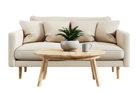 Modern beige sofa, wooden table