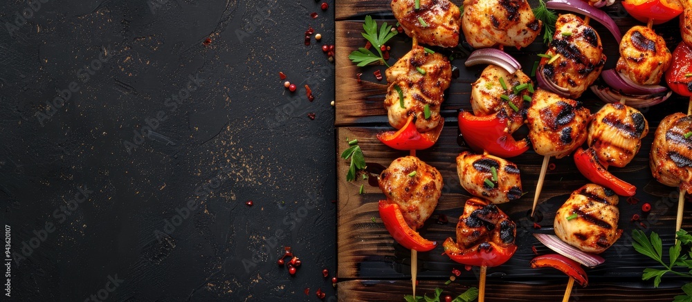 Poster Close up of chicken skewers with red bell peppers and onions on a wooden board with copy space image